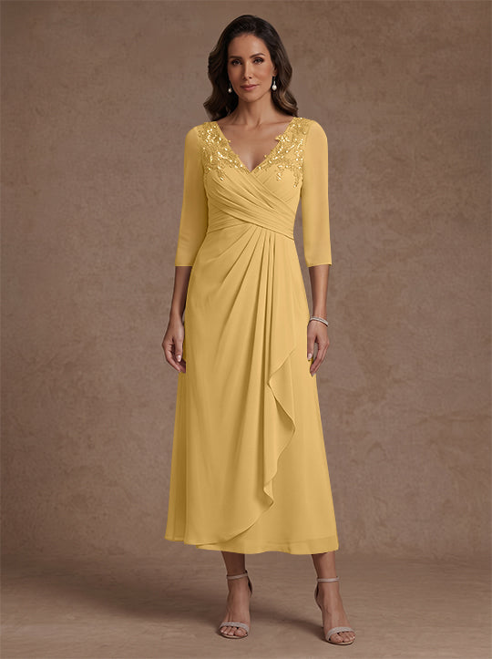 Robe mère de la mariée, Ligne A/Princesse, Col en V, Mousseline, Manches 3/4, Dentelle, Longueur du Thé, avec Plis