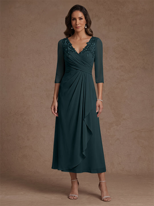 Robe mère de la mariée, Ligne A/Princesse, Col en V, Mousseline, Manches 3/4, Dentelle, Longueur du Thé, avec Plis