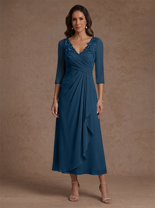 Robe mère de la mariée, Ligne A/Princesse, Col en V, Mousseline, Manches 3/4, Dentelle, Longueur du Thé, avec Plis