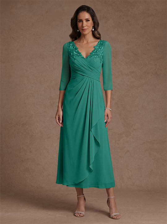 Robe mère de la mariée, Ligne A/Princesse, Col en V, Mousseline, Manches 3/4, Dentelle, Longueur du Thé, avec Plis