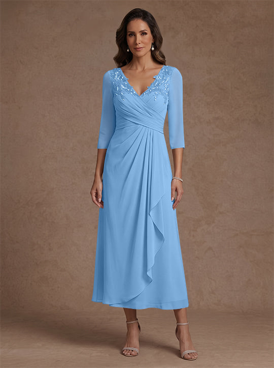 Robe mère de la mariée, Ligne A/Princesse, Col en V, Mousseline, Manches 3/4, Dentelle, Longueur du Thé, avec Plis