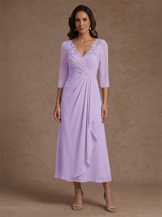 Robe mère de la mariée, Ligne A/Princesse, Col en V, Mousseline, Manches 3/4, Dentelle, Longueur du Thé, avec Plis