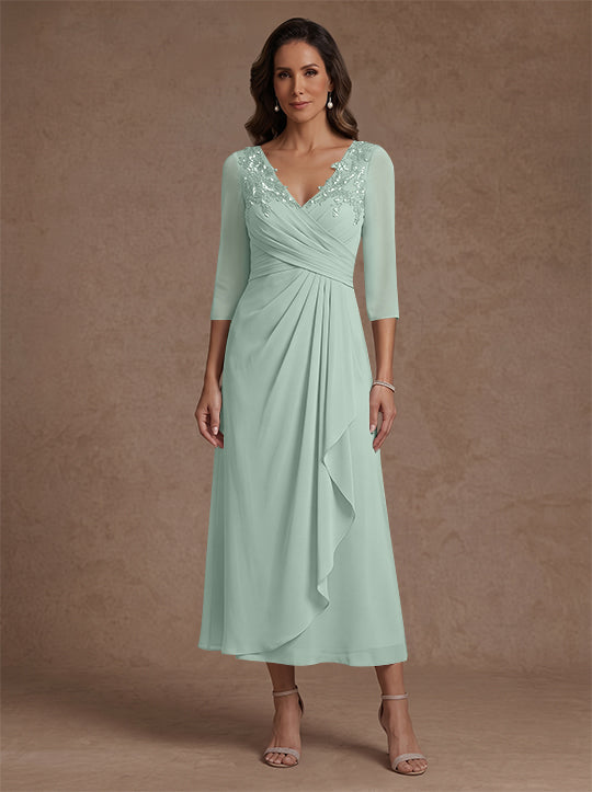 Robe mère de la mariée, Ligne A/Princesse, Col en V, Mousseline, Manches 3/4, Dentelle, Longueur du Thé, avec Plis