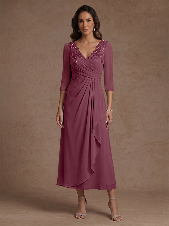 Robe mère de la mariée, Ligne A/Princesse, Col en V, Mousseline, Manches 3/4, Dentelle, Longueur du Thé, avec Plis