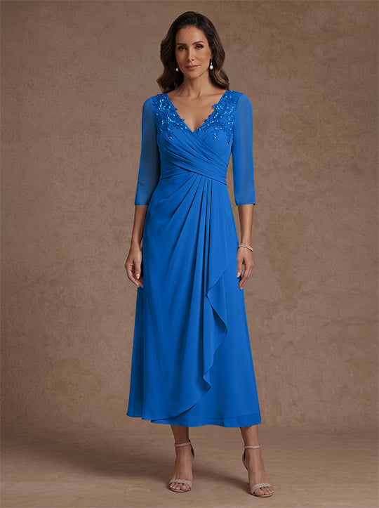 Robe mère de la mariée, Ligne A/Princesse, Col en V, Mousseline, Manches 3/4, Dentelle, Longueur du Thé, avec Plis