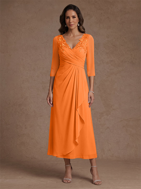 Robe mère de la mariée, Ligne A/Princesse, Col en V, Mousseline, Manches 3/4, Dentelle, Longueur du Thé, avec Plis