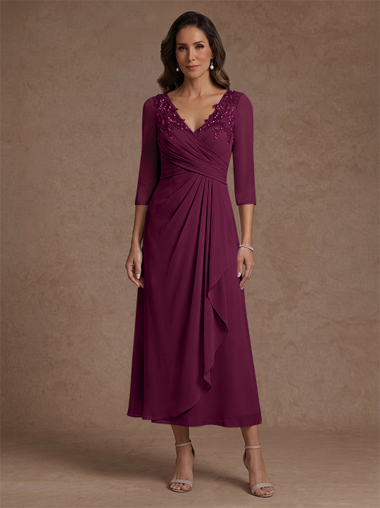 Robe mère de la mariée, Ligne A/Princesse, Col en V, Mousseline, Manches 3/4, Dentelle, Longueur du Thé, avec Plis