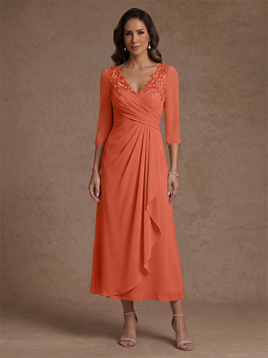 Robe mère de la mariée, Ligne A/Princesse, Col en V, Mousseline, Manches 3/4, Dentelle, Longueur du Thé, avec Plis