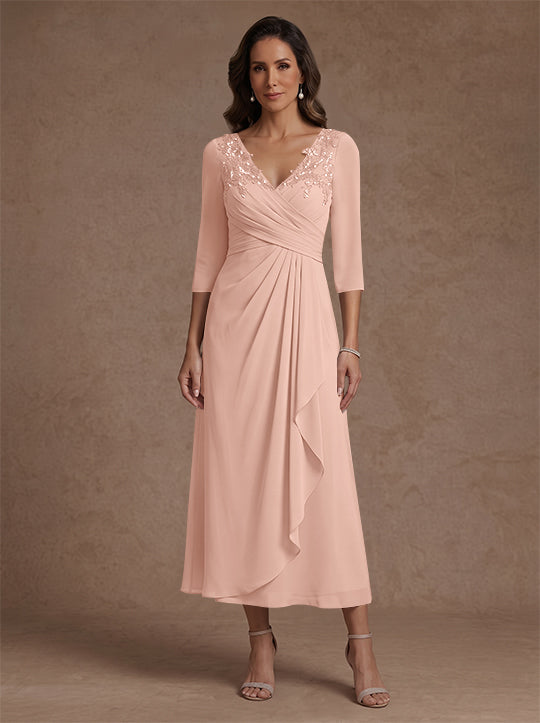 Robe mère de la mariée, Ligne A/Princesse, Col en V, Mousseline, Manches 3/4, Dentelle, Longueur du Thé, avec Plis