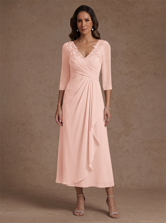 Robe mère de la mariée, Ligne A/Princesse, Col en V, Mousseline, Manches 3/4, Dentelle, Longueur du Thé, avec Plis