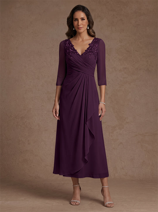 Robe mère de la mariée, Ligne A/Princesse, Col en V, Mousseline, Manches 3/4, Dentelle, Longueur du Thé, avec Plis