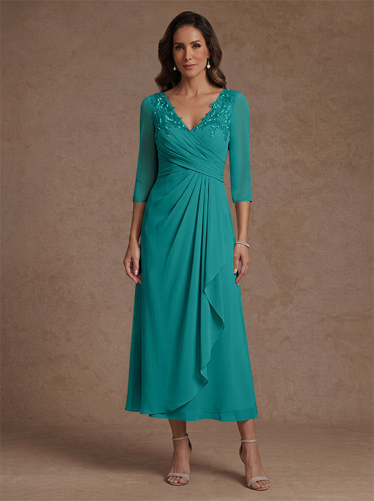 Robe mère de la mariée, Ligne A/Princesse, Col en V, Mousseline, Manches 3/4, Dentelle, Longueur du Thé, avec Plis