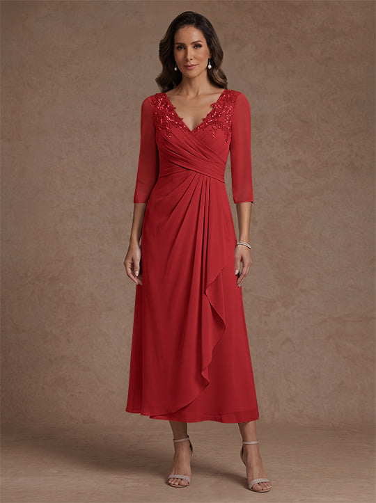 Robe mère de la mariée, Ligne A/Princesse, Col en V, Mousseline, Manches 3/4, Dentelle, Longueur du Thé, avec Plis