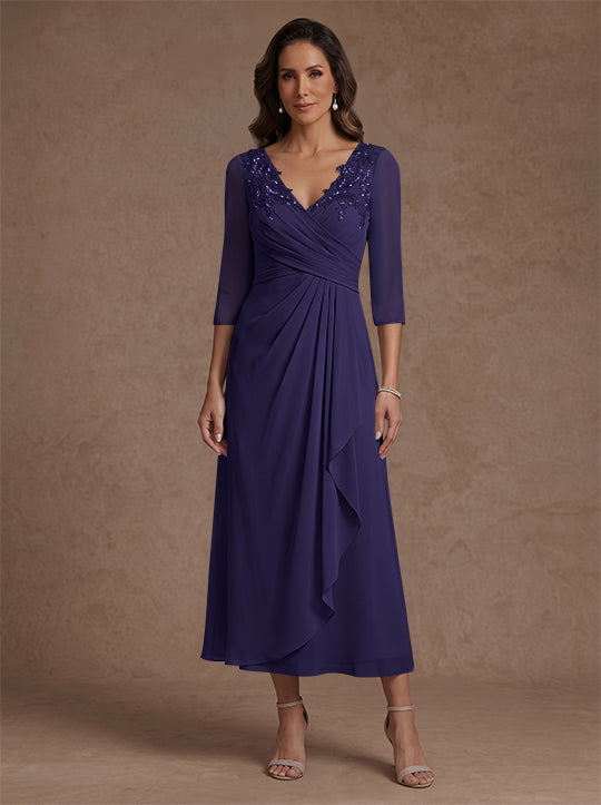 Robe mère de la mariée, Ligne A/Princesse, Col en V, Mousseline, Manches 3/4, Dentelle, Longueur du Thé, avec Plis