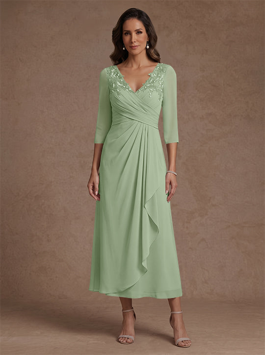Robe mère de la mariée, Ligne A/Princesse, Col en V, Mousseline, Manches 3/4, Dentelle, Longueur du Thé, avec Plis