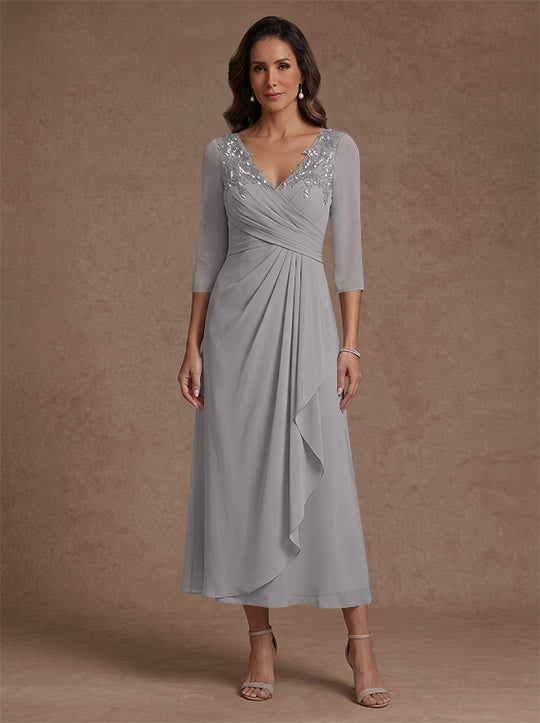 Robe mère de la mariée, Ligne A/Princesse, Col en V, Mousseline, Manches 3/4, Dentelle, Longueur du Thé, avec Plis