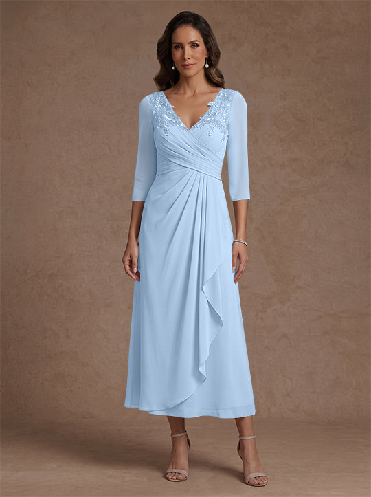 Robe mère de la mariée, Ligne A/Princesse, Col en V, Mousseline, Manches 3/4, Dentelle, Longueur du Thé, avec Plis