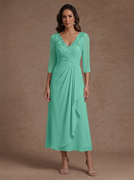 Robe mère de la mariée, Ligne A/Princesse, Col en V, Mousseline, Manches 3/4, Dentelle, Longueur du Thé, avec Plis