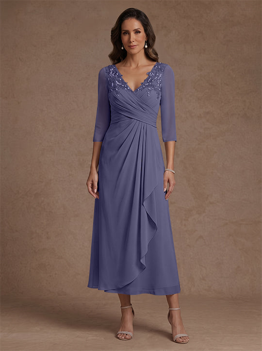 Robe mère de la mariée, Ligne A/Princesse, Col en V, Mousseline, Manches 3/4, Dentelle, Longueur du Thé, avec Plis