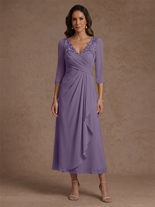 Robe mère de la mariée, Ligne A/Princesse, Col en V, Mousseline, Manches 3/4, Dentelle, Longueur du Thé, avec Plis