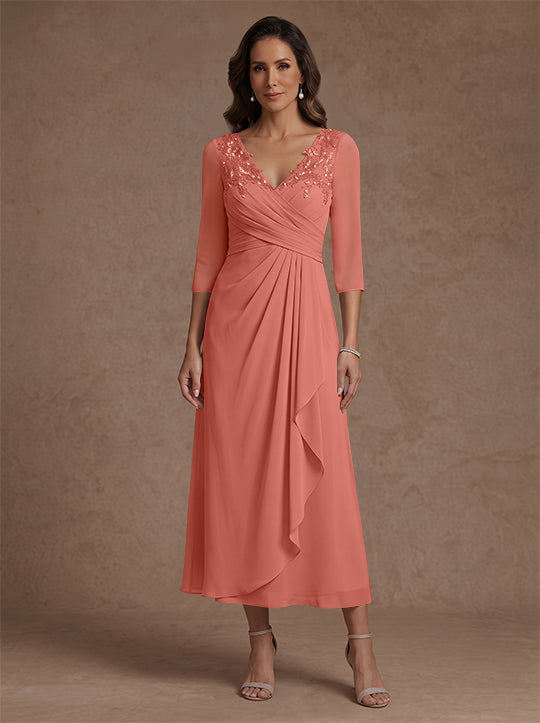 Robe mère de la mariée, Ligne A/Princesse, Col en V, Mousseline, Manches 3/4, Dentelle, Longueur du Thé, avec Plis