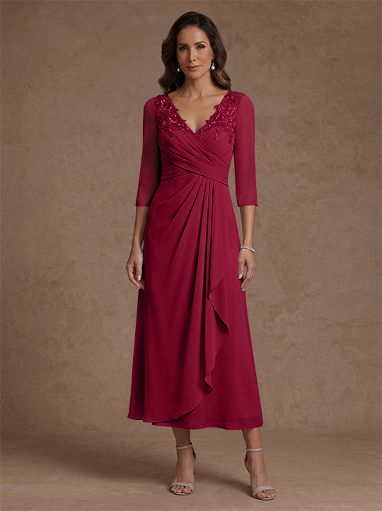 Robe mère de la mariée, Ligne A/Princesse, Col en V, Mousseline, Manches 3/4, Dentelle, Longueur du Thé, avec Plis