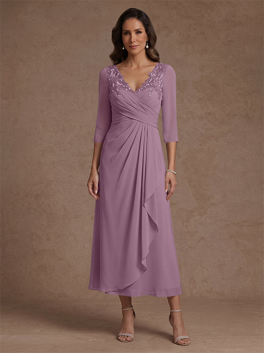 Robe mère de la mariée, Ligne A/Princesse, Col en V, Mousseline, Manches 3/4, Dentelle, Longueur du Thé, avec Plis