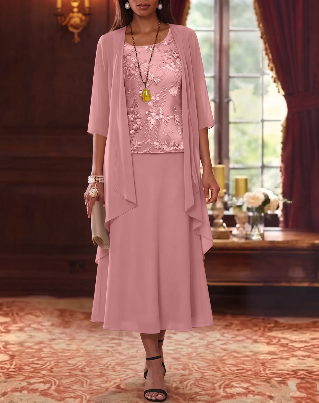 Ensemble de 2 Morceaux, Robe Mère de la Mariée, Ligne A/Princesse, Col Rond, Mousseline, avec Veste, Manches 3/4, Longueur du Thé, Dentelle