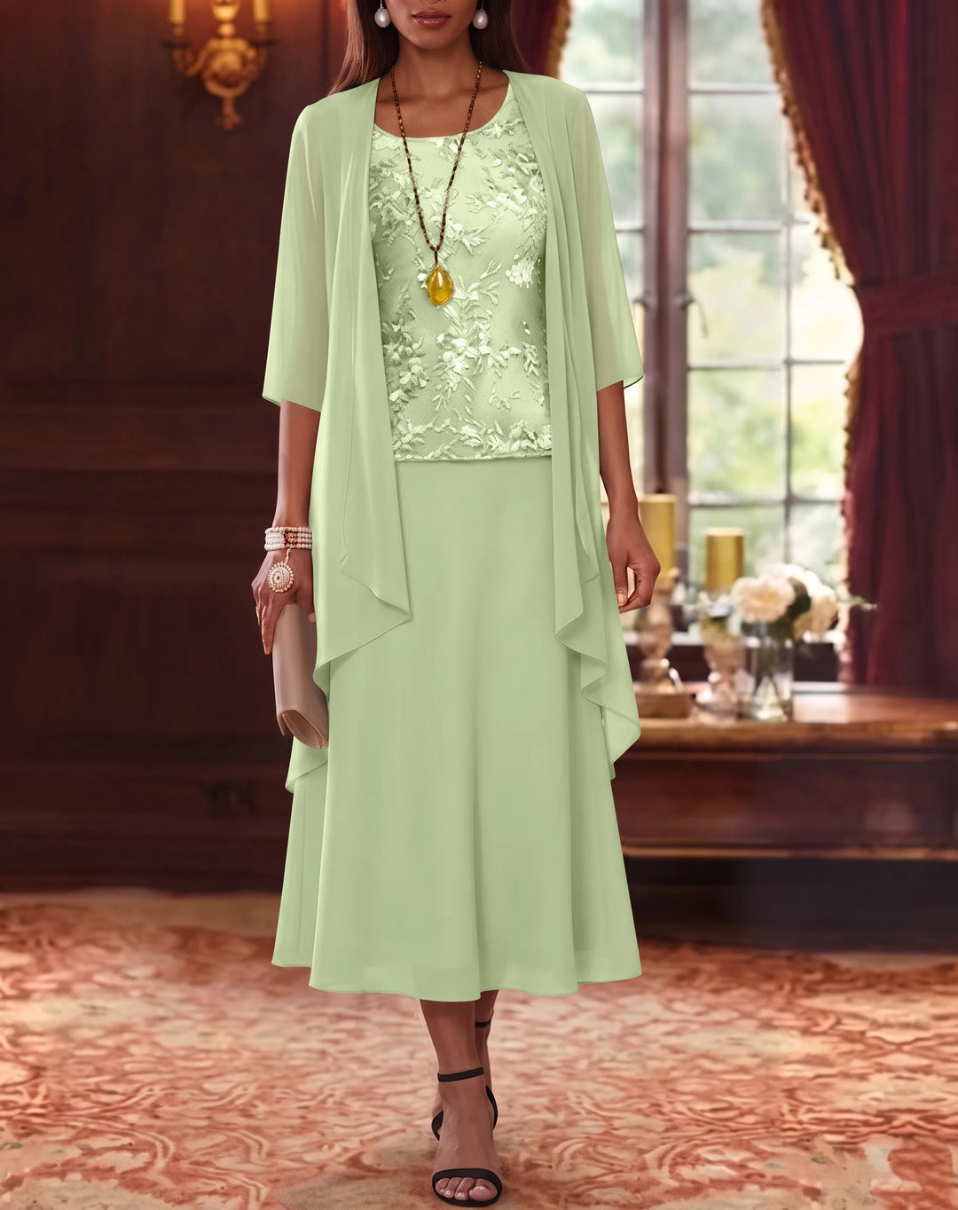 Ensemble de 2 Morceaux, Robe Mère de la Mariée, Ligne A/Princesse, Col Rond, Mousseline, avec Veste, Manches 3/4, Longueur du Thé, Dentelle