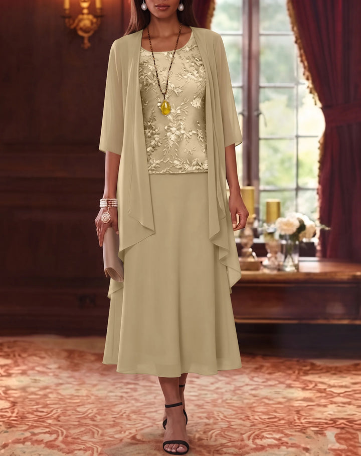 Ensemble de 2 Morceaux, Robe Mère de la Mariée, Ligne A/Princesse, Col Rond, Mousseline, avec Veste, Manches 3/4, Longueur du Thé, Dentelle