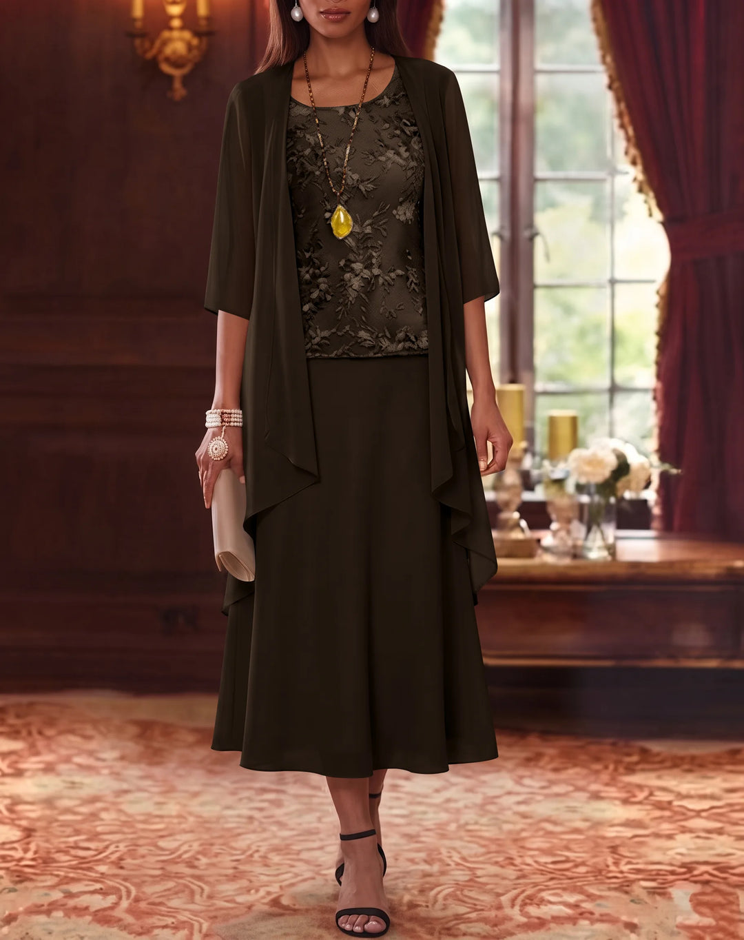 Ensemble de 2 Morceaux, Robe Mère de la Mariée, Ligne A/Princesse, Col Rond, Mousseline, avec Veste, Manches 3/4, Longueur du Thé, Dentelle