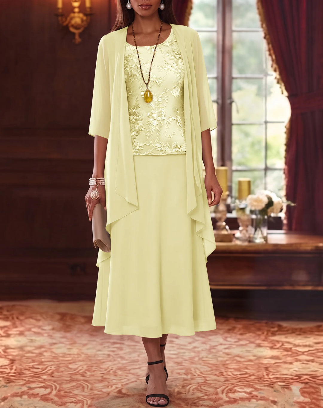 Ensemble de 2 Morceaux, Robe Mère de la Mariée, Ligne A/Princesse, Col Rond, Mousseline, avec Veste, Manches 3/4, Longueur du Thé, Dentelle