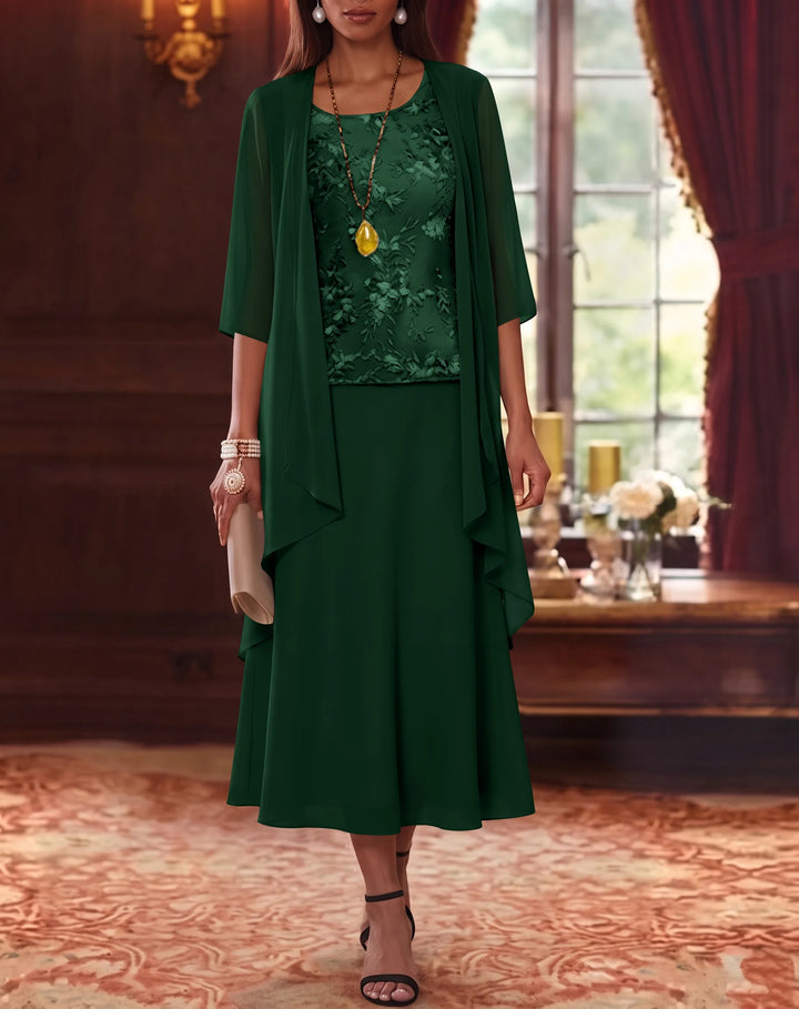 Ensemble de 2 Morceaux, Robe Mère de la Mariée, Ligne A/Princesse, Col Rond, Mousseline, avec Veste, Manches 3/4, Longueur du Thé, Dentelle