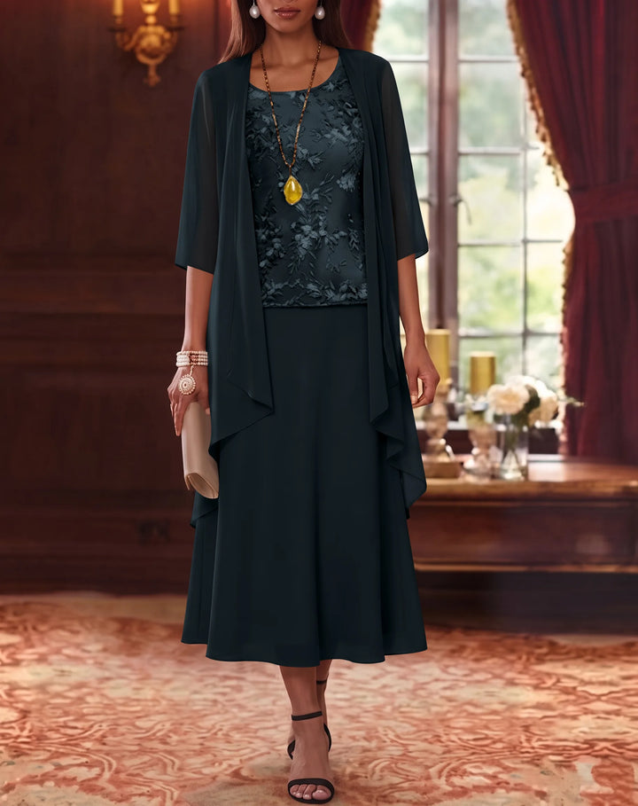 Ensemble de 2 Morceaux, Robe Mère de la Mariée, Ligne A/Princesse, Col Rond, Mousseline, avec Veste, Manches 3/4, Longueur du Thé, Dentelle