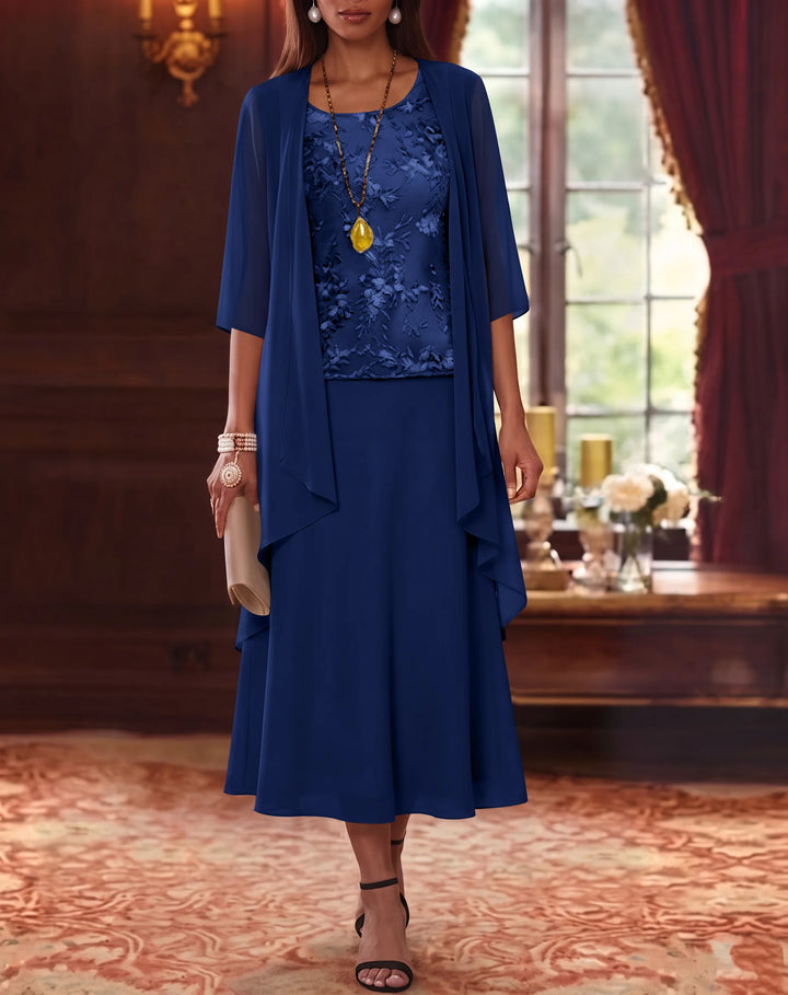 Ensemble de 2 Morceaux, Robe Mère de la Mariée, Ligne A/Princesse, Col Rond, Mousseline, avec Veste, Manches 3/4, Longueur du Thé, Dentelle