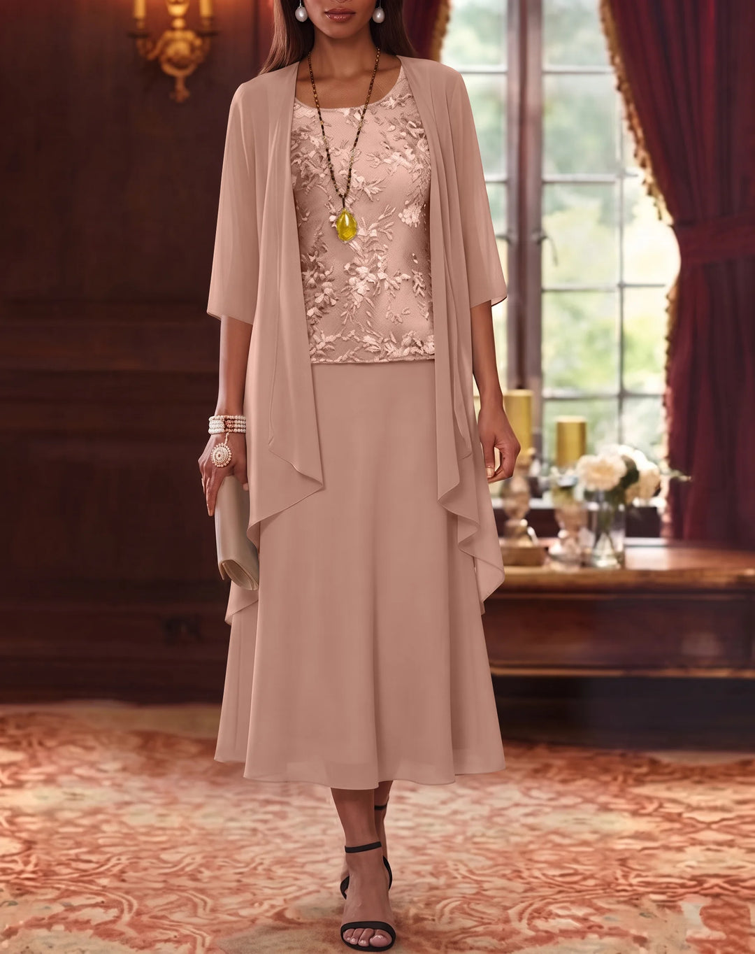 Ensemble de 2 Morceaux, Robe Mère de la Mariée, Ligne A/Princesse, Col Rond, Mousseline, avec Veste, Manches 3/4, Longueur du Thé, Dentelle