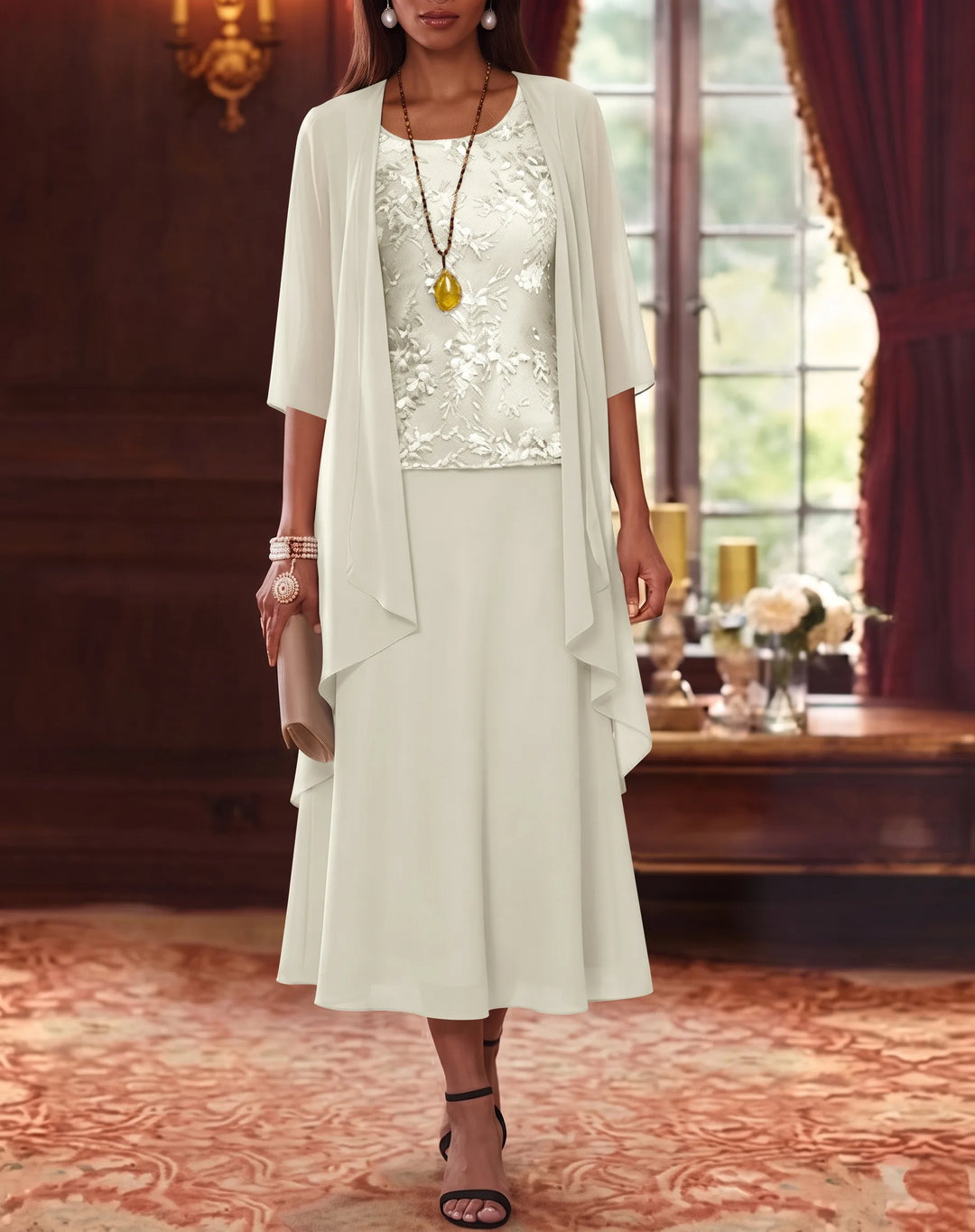 Ensemble de 2 Morceaux, Robe Mère de la Mariée, Ligne A/Princesse, Col Rond, Mousseline, avec Veste, Manches 3/4, Longueur du Thé, Dentelle