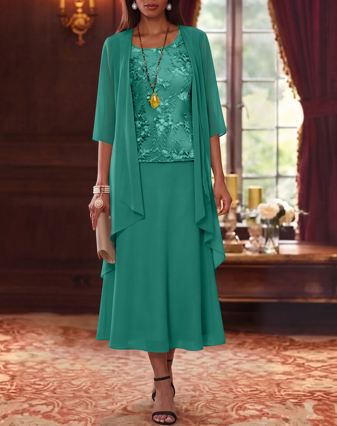 Ensemble de 2 Morceaux, Robe Mère de la Mariée, Ligne A/Princesse, Col Rond, Mousseline, avec Veste, Manches 3/4, Longueur du Thé, Dentelle
