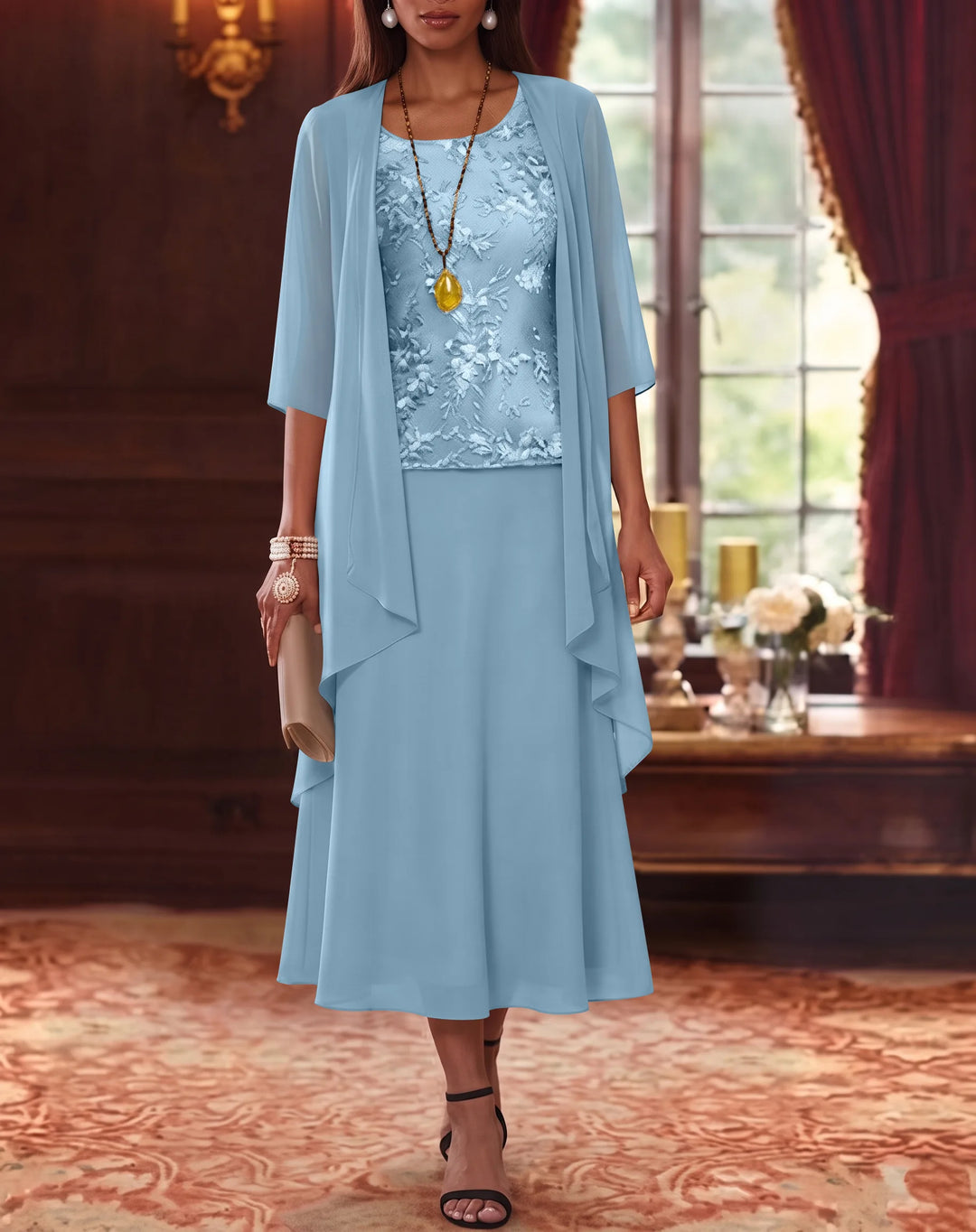 Ensemble de 2 Morceaux, Robe Mère de la Mariée, Ligne A/Princesse, Col Rond, Mousseline, avec Veste, Manches 3/4, Longueur du Thé, Dentelle