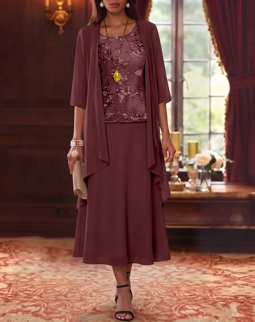 Ensemble de 2 Morceaux, Robe Mère de la Mariée, Ligne A/Princesse, Col Rond, Mousseline, avec Veste, Manches 3/4, Longueur du Thé, Dentelle
