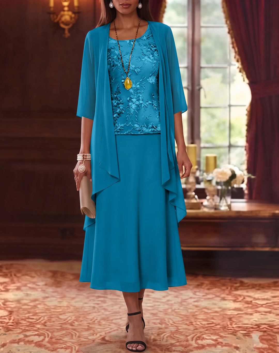 Ensemble de 2 Morceaux, Robe Mère de la Mariée, Ligne A/Princesse, Col Rond, Mousseline, avec Veste, Manches 3/4, Longueur du Thé, Dentelle
