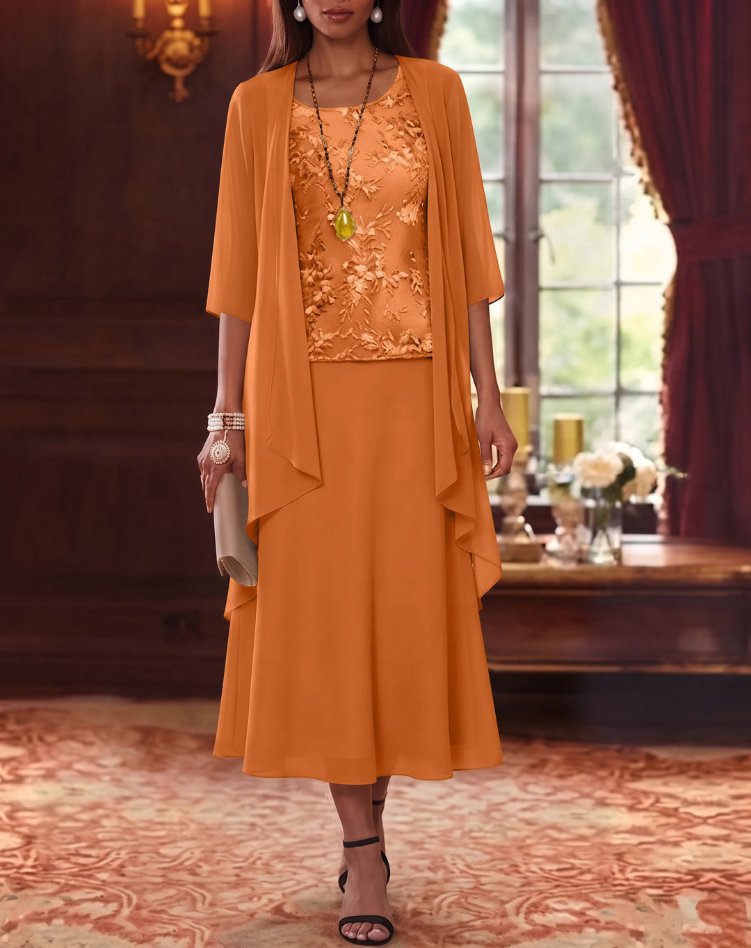Ensemble de 2 Morceaux, Robe Mère de la Mariée, Ligne A/Princesse, Col Rond, Mousseline, avec Veste, Manches 3/4, Longueur du Thé, Dentelle