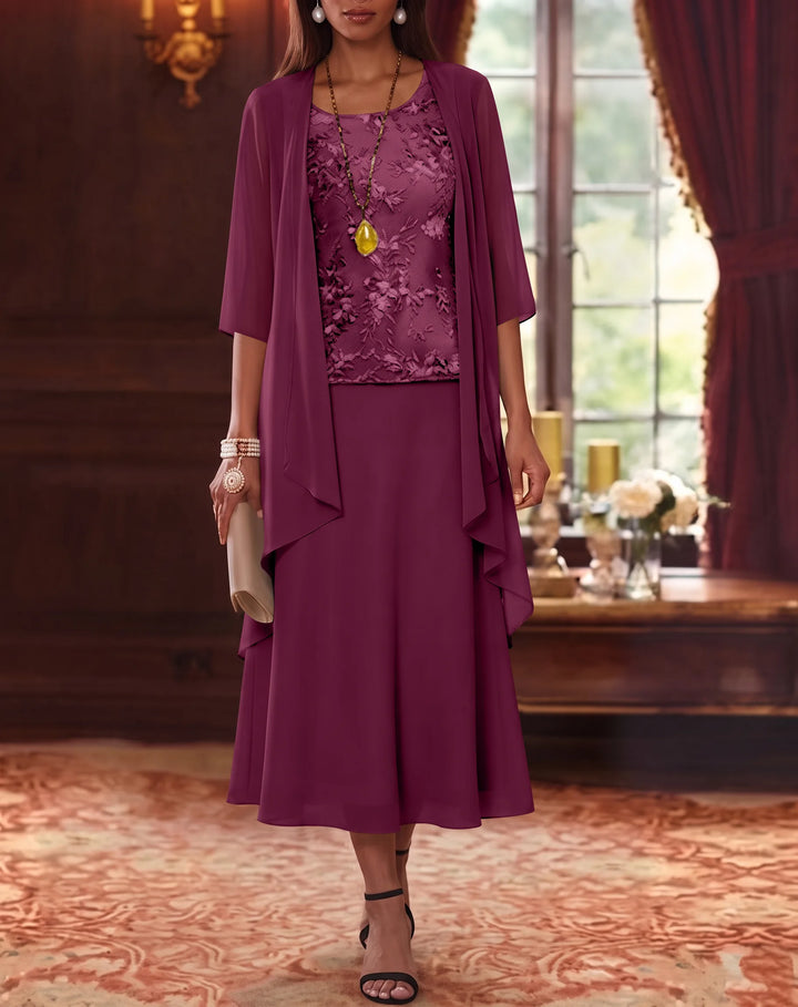 Ensemble de 2 Morceaux, Robe Mère de la Mariée, Ligne A/Princesse, Col Rond, Mousseline, avec Veste, Manches 3/4, Longueur du Thé, Dentelle