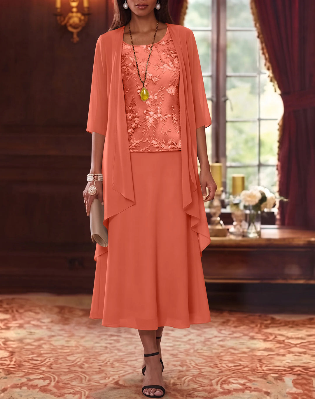Ensemble de 2 Morceaux, Robe Mère de la Mariée, Ligne A/Princesse, Col Rond, Mousseline, avec Veste, Manches 3/4, Longueur du Thé, Dentelle