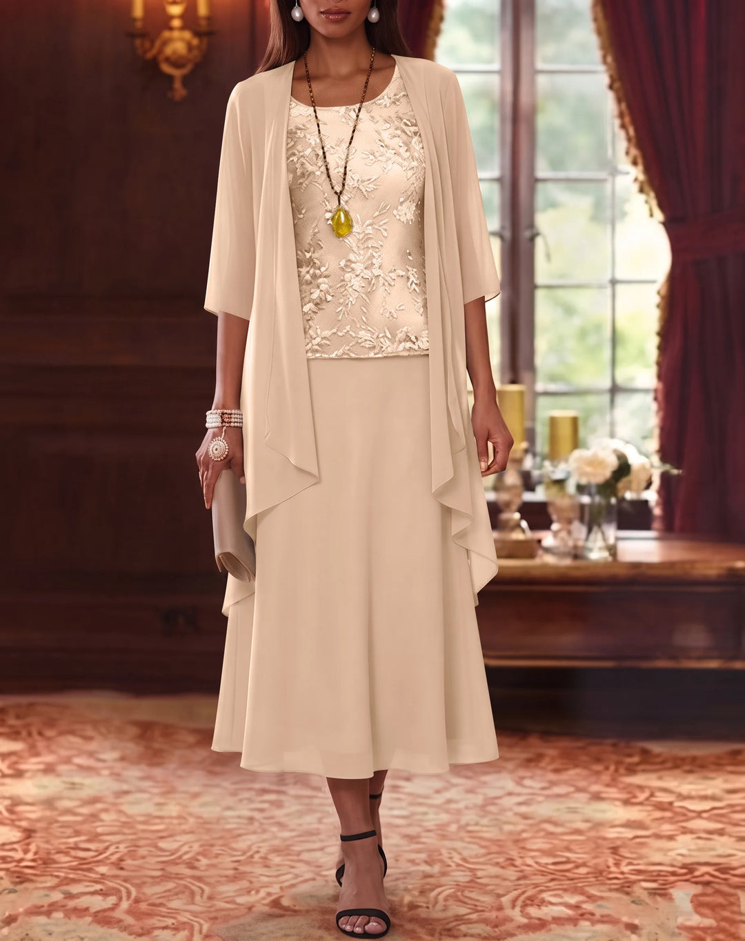 Ensemble de 2 Morceaux, Robe Mère de la Mariée, Ligne A/Princesse, Col Rond, Mousseline, avec Veste, Manches 3/4, Longueur du Thé, Dentelle