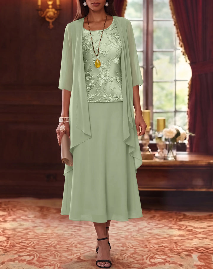 Ensemble de 2 Morceaux, Robe Mère de la Mariée, Ligne A/Princesse, Col Rond, Mousseline, avec Veste, Manches 3/4, Longueur du Thé, Dentelle