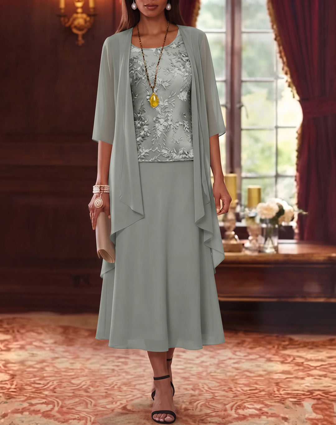 Ensemble de 2 Morceaux, Robe Mère de la Mariée, Ligne A/Princesse, Col Rond, Mousseline, avec Veste, Manches 3/4, Longueur du Thé, Dentelle