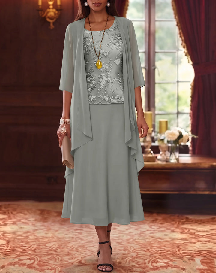 Ensemble de 2 Morceaux, Robe Mère de la Mariée, Ligne A/Princesse, Col Rond, Mousseline, avec Veste, Manches 3/4, Longueur du Thé, Dentelle