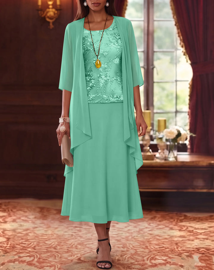 Ensemble de 2 Morceaux, Robe Mère de la Mariée, Ligne A/Princesse, Col Rond, Mousseline, avec Veste, Manches 3/4, Longueur du Thé, Dentelle