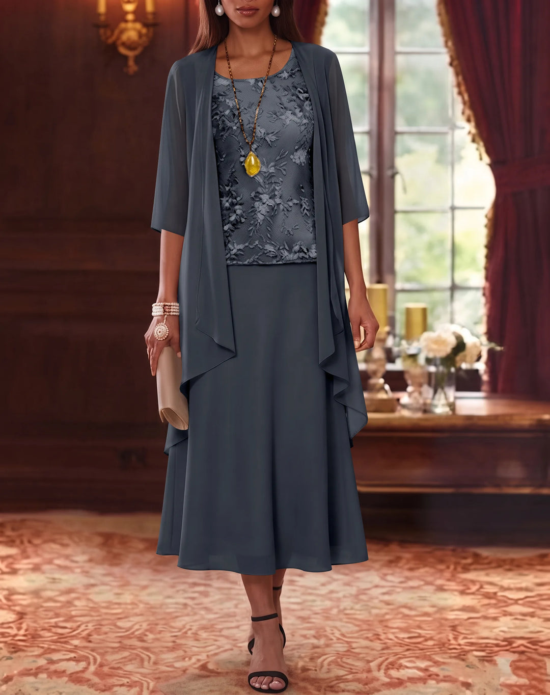 Ensemble de 2 Morceaux, Robe Mère de la Mariée, Ligne A/Princesse, Col Rond, Mousseline, avec Veste, Manches 3/4, Longueur du Thé, Dentelle